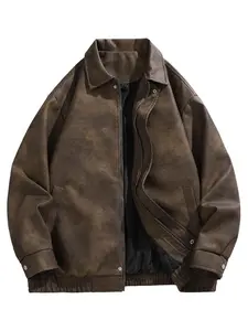 Men's Solid Color Pocket Zipper PU Leather Jacket, Loose Casual Drop Shoulder Long Sleeve Buttoned Coat, Vintage Men's Motorcycle Jacket for Daily Outdoor Wear, Suitable for Autumn and Winter Seasons