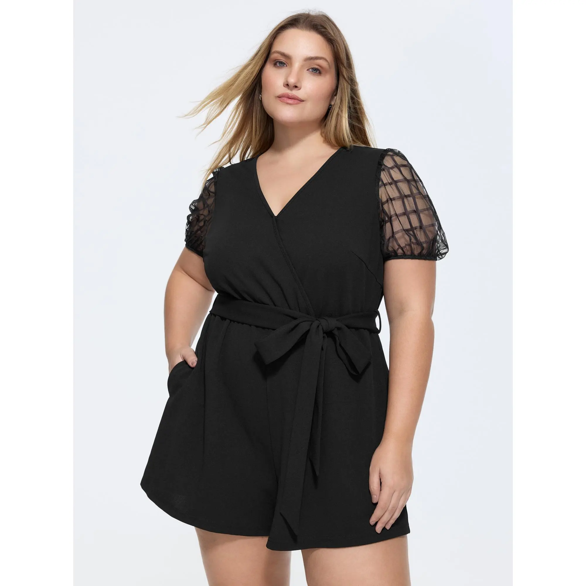 BloomChic Women's Plus Size Romper, Solid Business Wrap Garment in Polyester Blend with Sheer Sleeves and Waist-Tie Belt