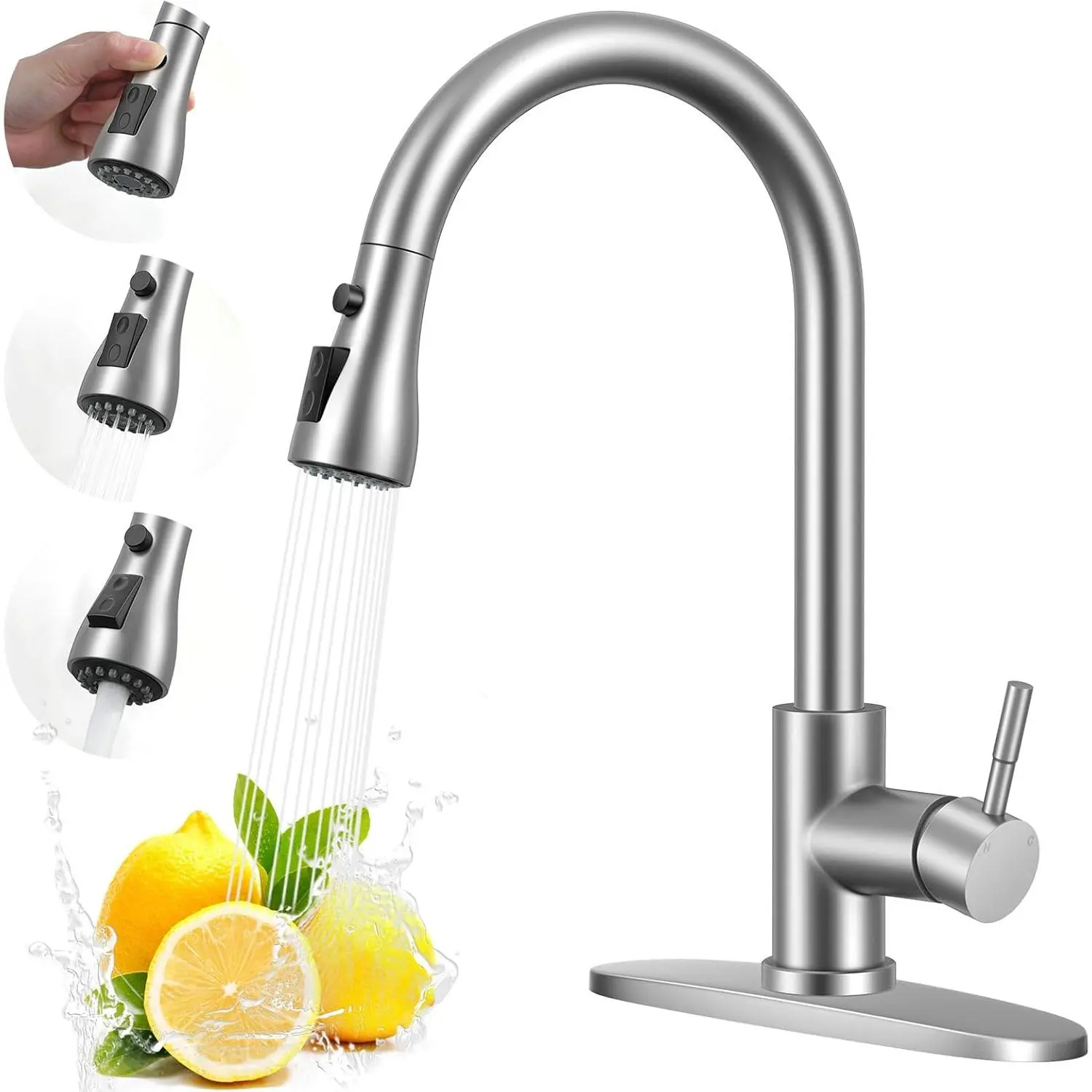 Industrial Brushed Nickel Stainless Steel Faucet - High Arc Single Handle Pull-Down Sprayer with 9.6" Deck Plate, Rust-Resist Steel, Durable Multi-Purpose Stream, 3/8" Female Compression Thread, Water Hose & Sweep Function for Kitchen Fixtures