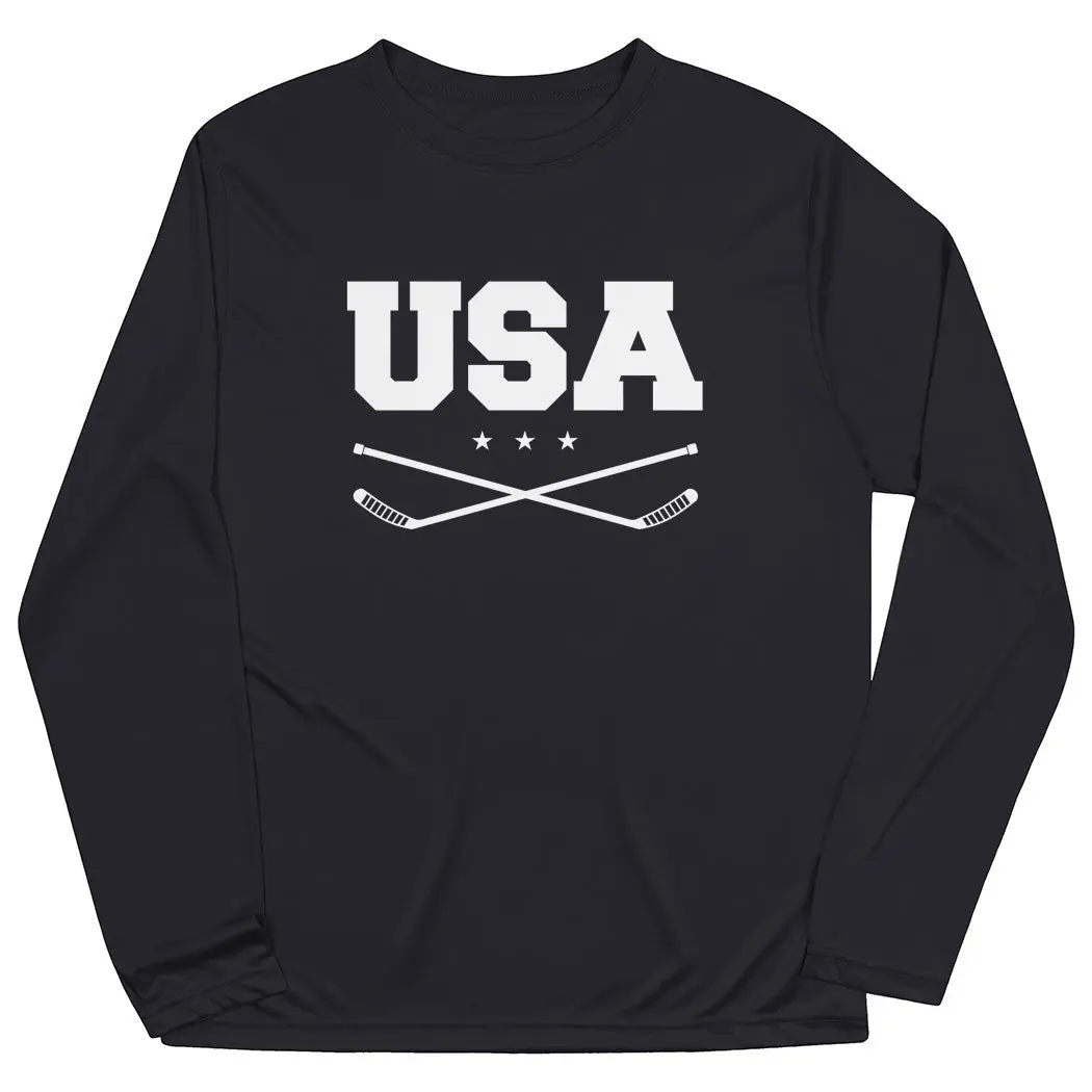 USA Hockey Long Sleeve Tech Tee - Moisture Wicking, UV Protection, Quick Dry, Fitted Athletic Top for Practice/Game, Outdoor Use, Hockey Pride, Great Gift