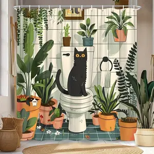 Modern Waterproof Polyester Shower Curtain Set, Plant Cat Pattern, Includes 12 Hooks, 70.8x70.8 Inch, Bathroom Decor, Easy Installation, Bathroom Decoration Accessories