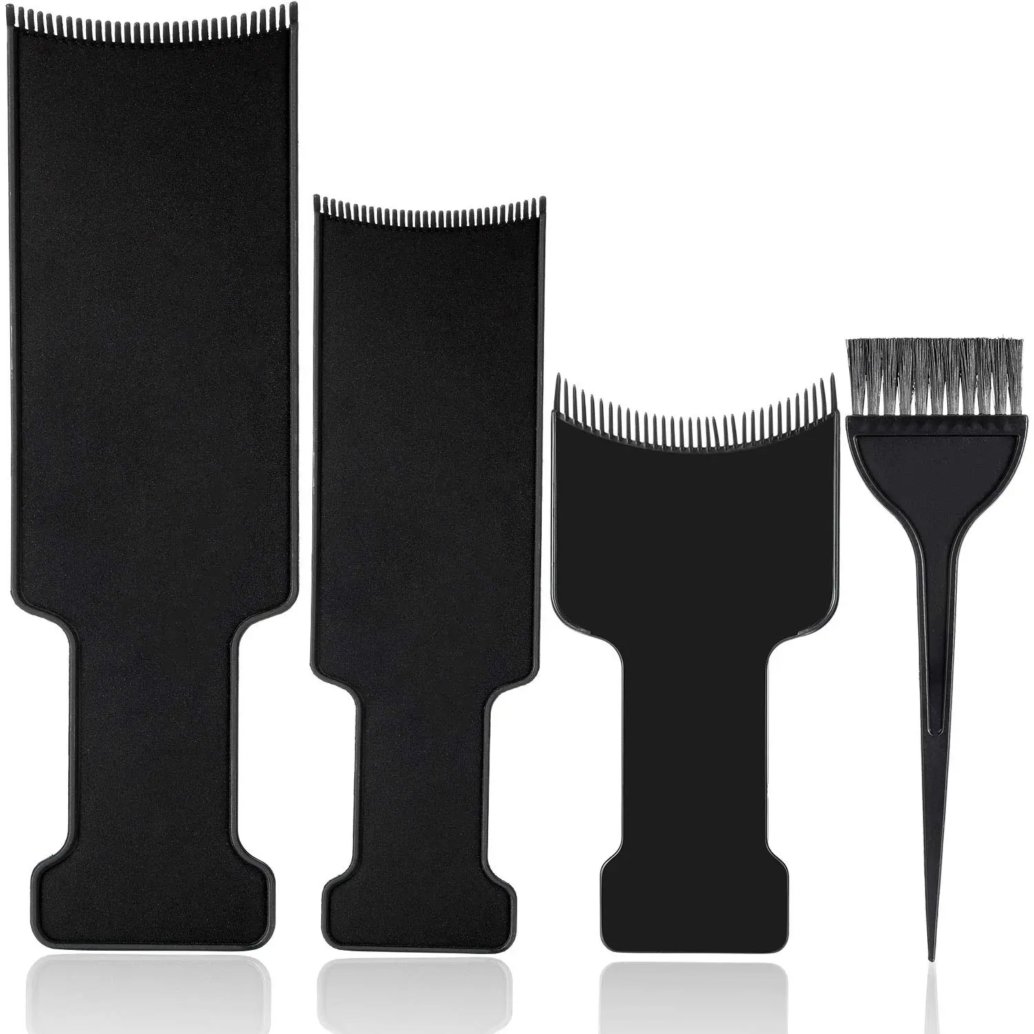 Black 4-Pcs Balayage Hair Coloring Board & Brush Kit - 3 Teethed Highlighting Paddles, 1 Dye Applicator Brush, Reusable Pull-Over Comb for Curly Hair, Salon/Home Tools for Stylists, Black-4Pcs