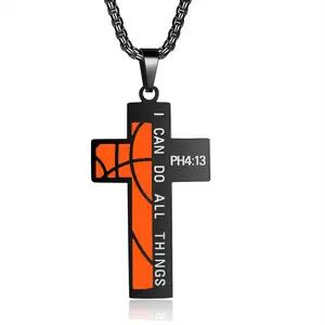 Basketball cross necklace for men, Bible verse I can do all things, stainless steel sports pendant for men