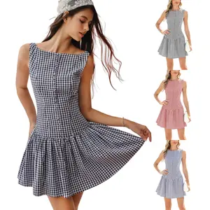 Woodberry Women's Plaid Sleeveless Mini Sundress, Boat Neck, Zipper Back, Pleated Backless, Drop Waist, Pull-On Prom Dress for Summer Casual Womenswear summerwins