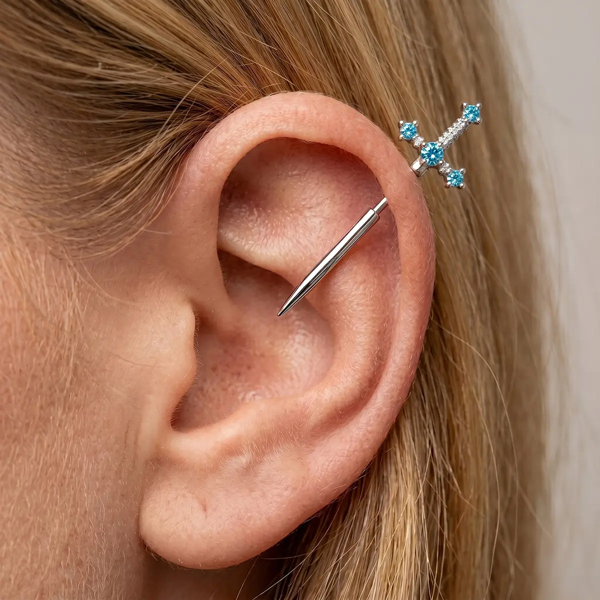 Titanium Gothic Sword Stud | Ocean Blue CZ | Helix / Lobe / Conch Piercing | Lightweight & Stylish