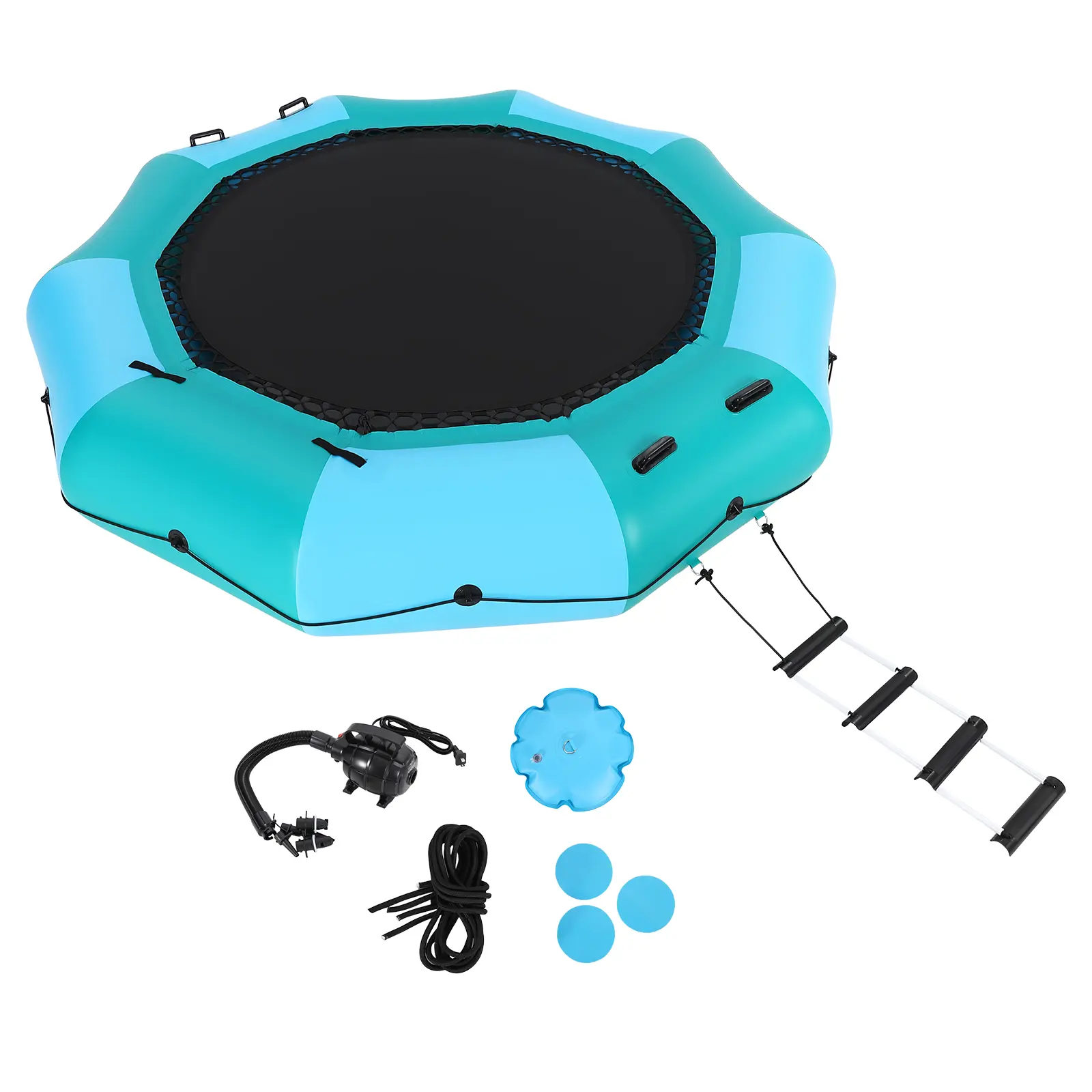 Inflatable Water Trampoline 15 FT Floating Lake and Ocean Bounce Platform with 4-Step Rope Ladder, 600W Air Pump, Anchor Bags, 408 lb Capacity for Kids and Adults, Blue Green
