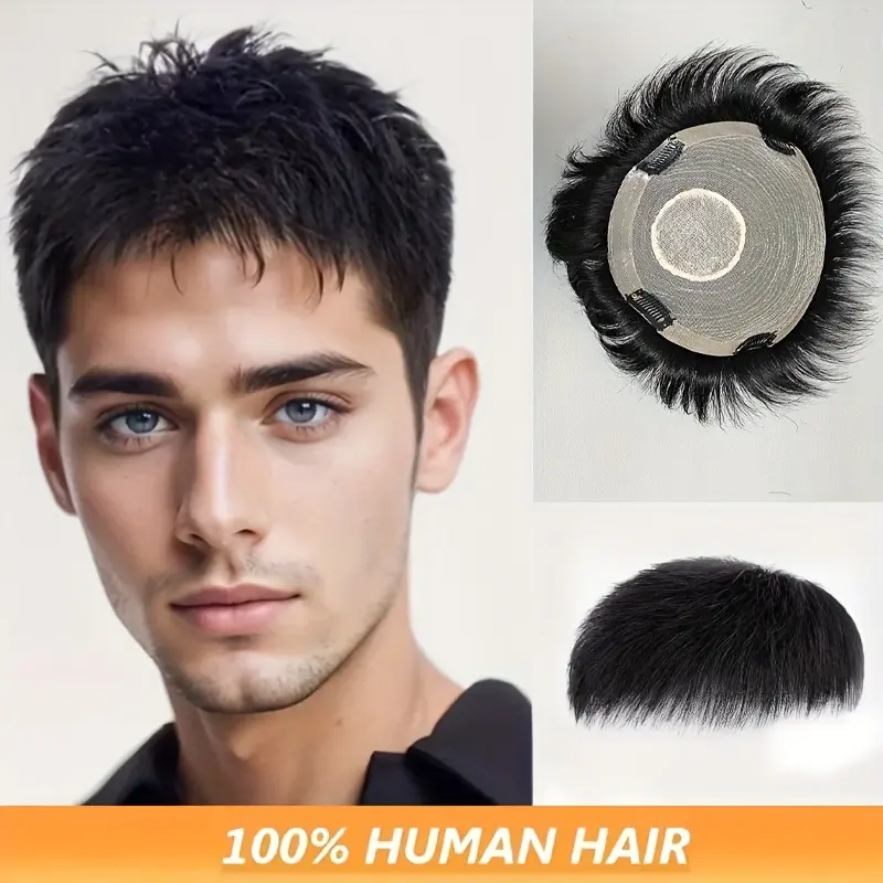 Fashionable New Men'S Hand-Woven Clip-In Hair Toupee - Human Hair, Breath& Invisible, Perfect Fit for All Head Sizes, Natural Look Accessory for Men, Toupee Hair