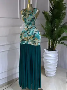 PULKRITU Women's Printed Ruched Stacked Bodycon Fitted A-Line Long Evening Dress, Fall Winter Holiday Party Gown, Elegant Chic Formal Party Wear, Prom Evening Gown, Bodycon Sleeveless Dress