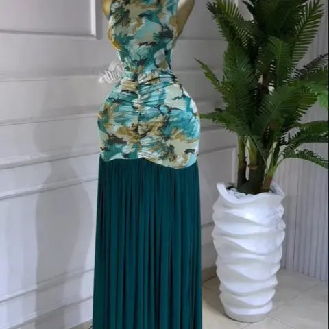 PULKRITU Women's Printed Ruched Bodycon Fit Long Evening Dress, Holiday Party Gown, Elegant Chic Formal Wear, Prom Evening Gown, Sleeveless Dress, Fitted Bodycon Dress, Elegant Fashion Dress