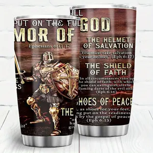 Christian Insulated Tumbler 20oz - "Full Armor of God" Design Stainless Steel Travel Mug, Gift for Pastor, Priest, Church Leaders & Baptism
