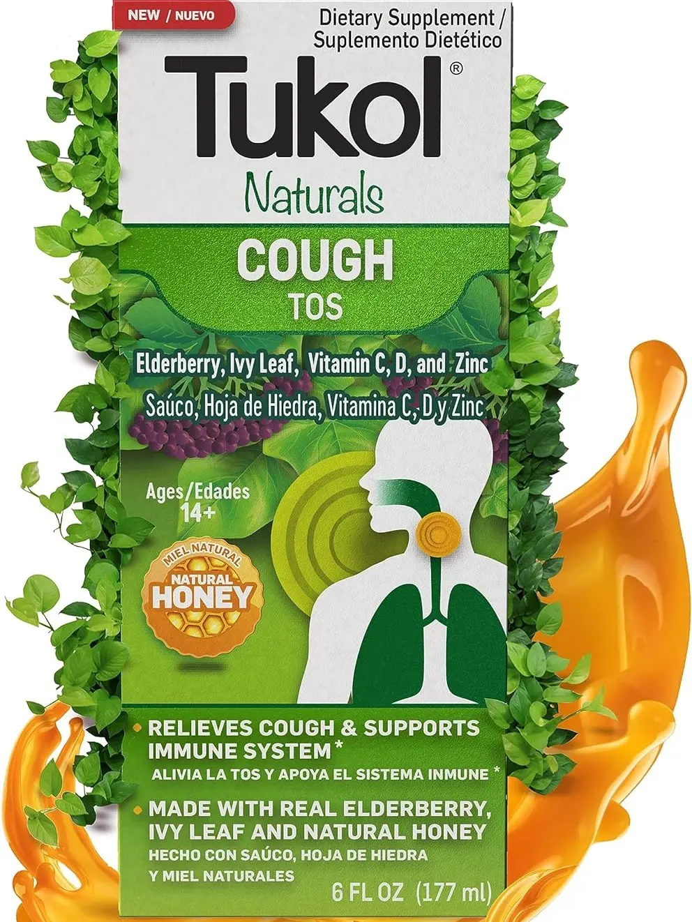TUKOL Naturals Liquid Cough Syrup for Ages 14+, Single Pack. Infused with Pure Honey and Natural Ingredients, 6 oz.