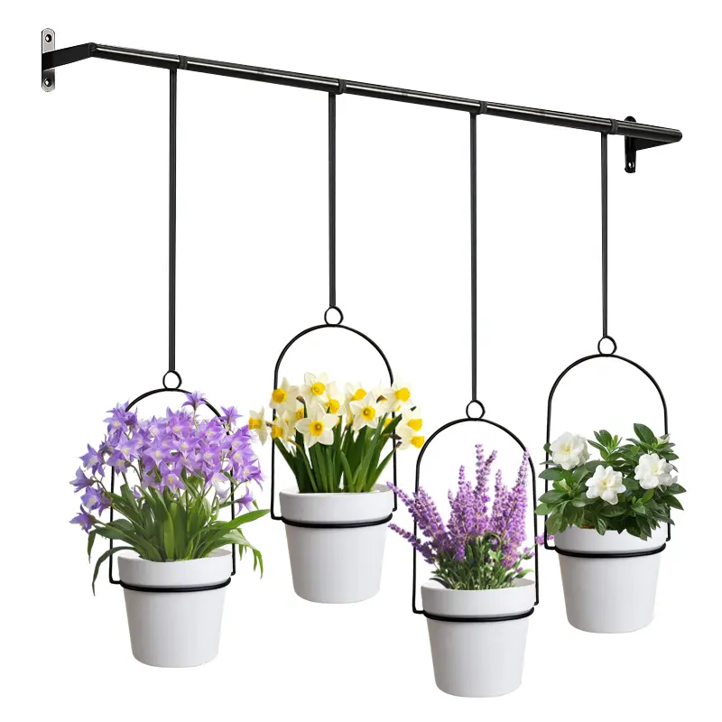 Black Metal Adjustable Hanging Planters Set - Floating Plant Hangers with 4 Plastic Flower Pots & Nylon Cords, 11.8"-18.1" Expandable Slide-Out Storage Rack for Pots/Pans, for Indoor Window Gardening, Ceiling Rail Herb Garden, Flower Pots & Planters