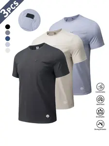 1/3/4 PACK Men's Soft Breathable Cotton-Like Sport T-Shirt, Zipper Pocket Design, Logo Trim, Casual Lightweight Tee, Gym Tees, Ideal for Biking, Fitness, Outdoor Activities