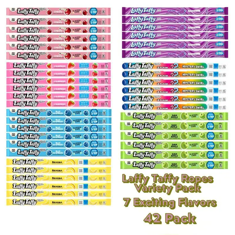 Laffy Taffy Ropes Variety Pack – 7 Flavors (Strawberry, Banana, Grape, Blue Raspberry, Cherry, Sour Apple, Swirl) – 42 Count Candy Pack
