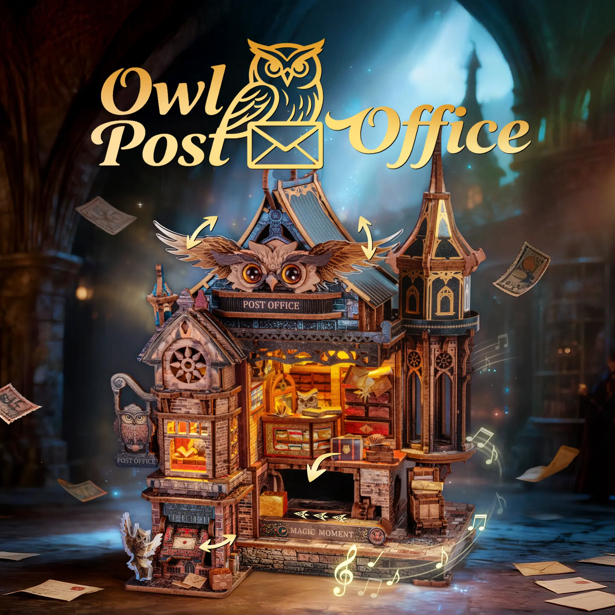 FUNPOLA LED 3D Wood Puzzle Owl Post Office, Dynamic Model with Mechanical Gears, DIY Miniature Kit with Music and LED Lights, Home Décor Gift for Adults and Teens - Creative Gift - DealsForYouDays