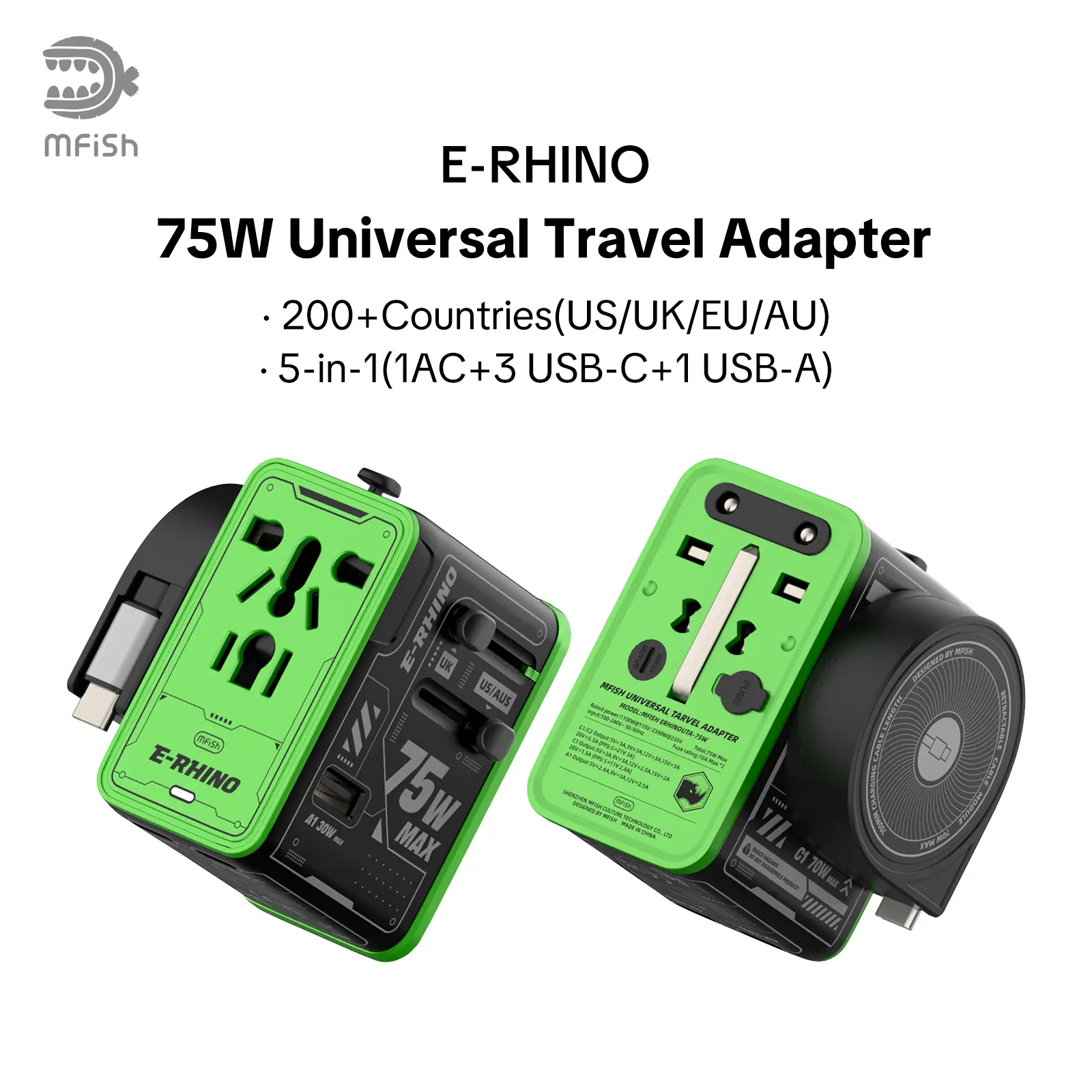 mfish E-RHINO 75W Universal Travel Adapter, 5-in-1 GaN Charger with Retractable USB C Cable for 200+ Countries