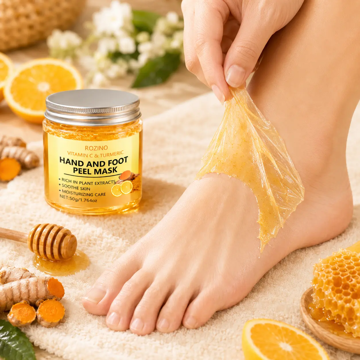 ROZINO Foot Peel Mask with Vitamin C & Turmeric - Exfoliating Foot Mask for Dry Rough Feet, Moisturizing Hand & Foot Care for Smooth Skin