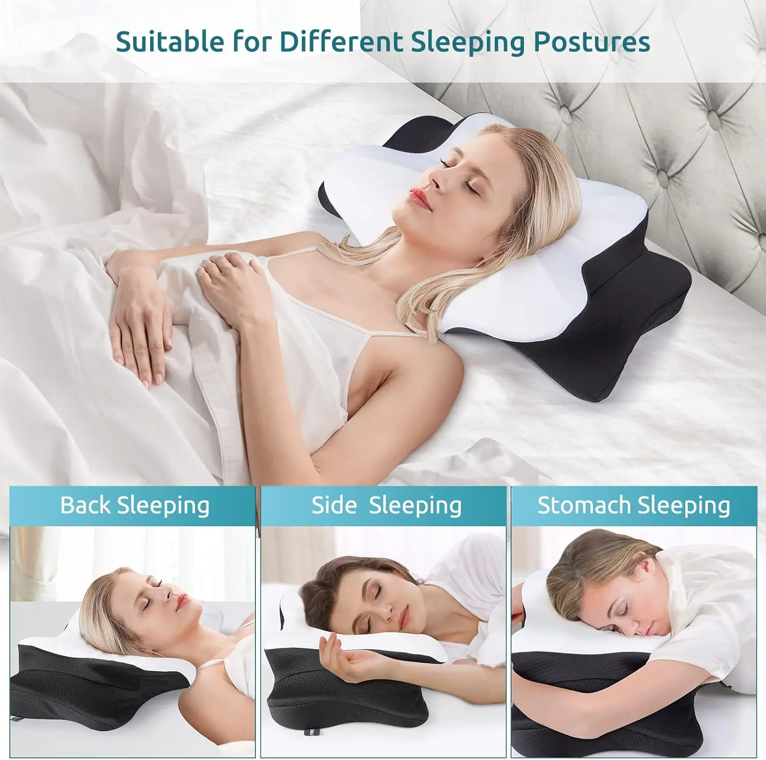 DONAMA Cervical Pillow for Neck Pain Relief Contour Memory Foam Ergonomic Orthopedic Support for Side Back Stomach Sleepers with Breathable Removable Pillowcase Black