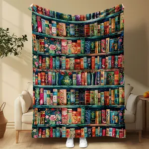 Modern Reading Decor Floral Blanket with Bookshelf Design, Soft Lightweight Throw for Sofa Bed Car Office Camping Travel All Seasons Use