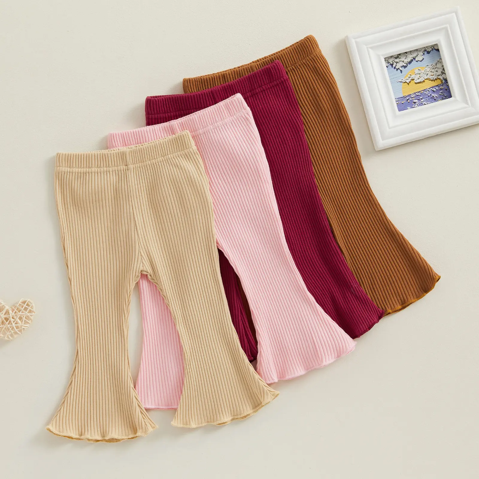 Infant Baby Girl Flare Pants Toddler Solid Ribbed Ruffle Bell Bottoms Pants Trousers Summer Fall Outfits