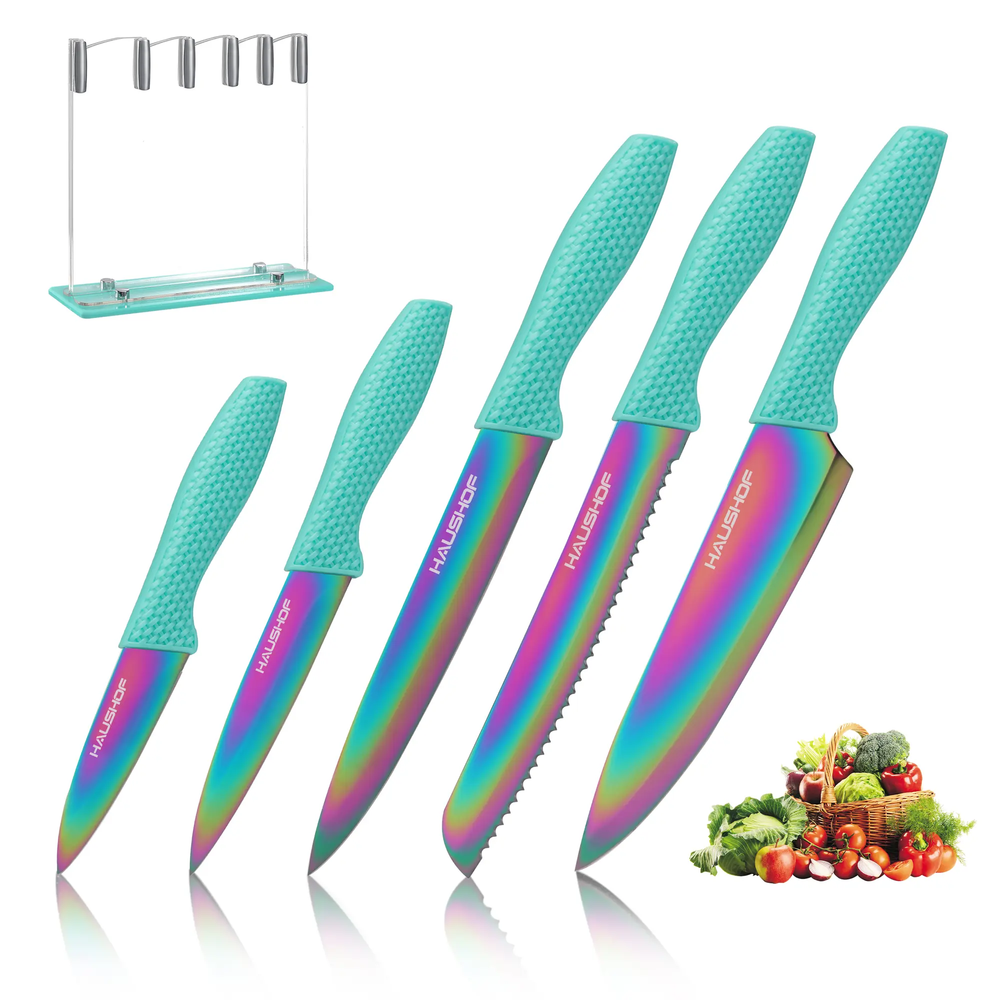 #summersale HAUSHOF Kitchen Knife Set, 5 Pieces Rainbow Knife Sets with Arcylic Block, Sharp Green Knives Set for Kitchen, Stainless Steel Knives Set with Ergonomic Handle, Great for Slicing, Dicing&Cutting