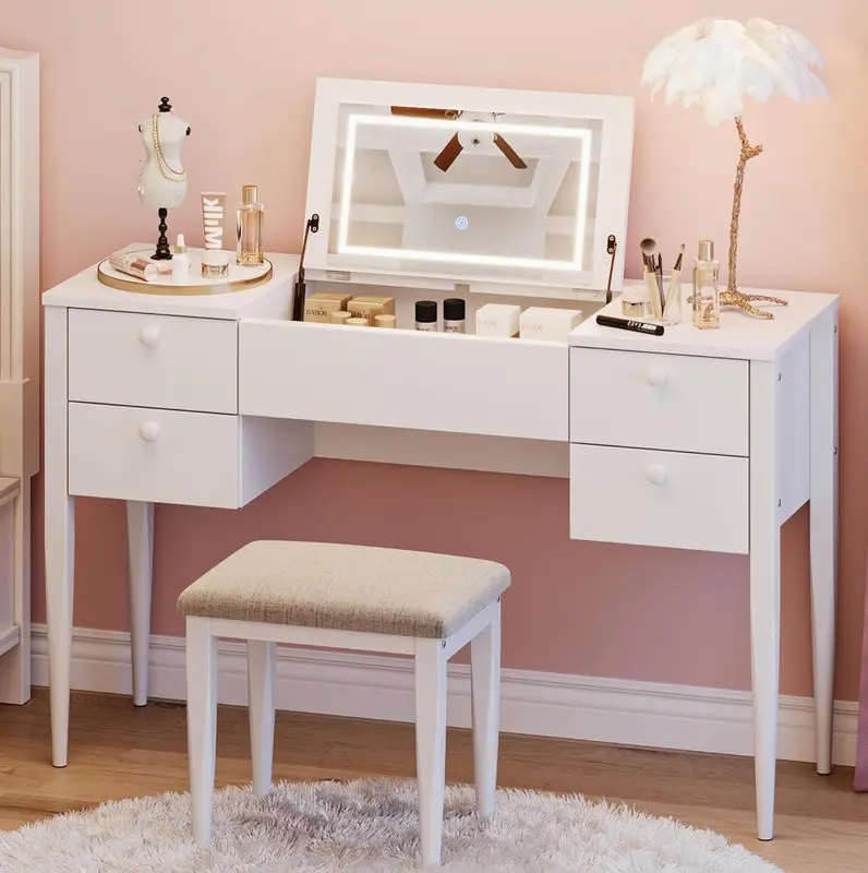 Modern Makeup Dressing Table with Lighted Mirror, Small Dressing Table Storage with 4 Drawers, Lighting Mode LED Mirror, White Modern Makeup Table Set with Stool for Bedroom, Gift for Girls Women