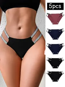 Women's Low Waist Sexy Belt Set, Soft Comfortable Breathable Quick-Dry Womenswear Daily Casual Underwear Panties, Plain Fitted Style, 5 Pcs Pack, All Seasons, Everyday