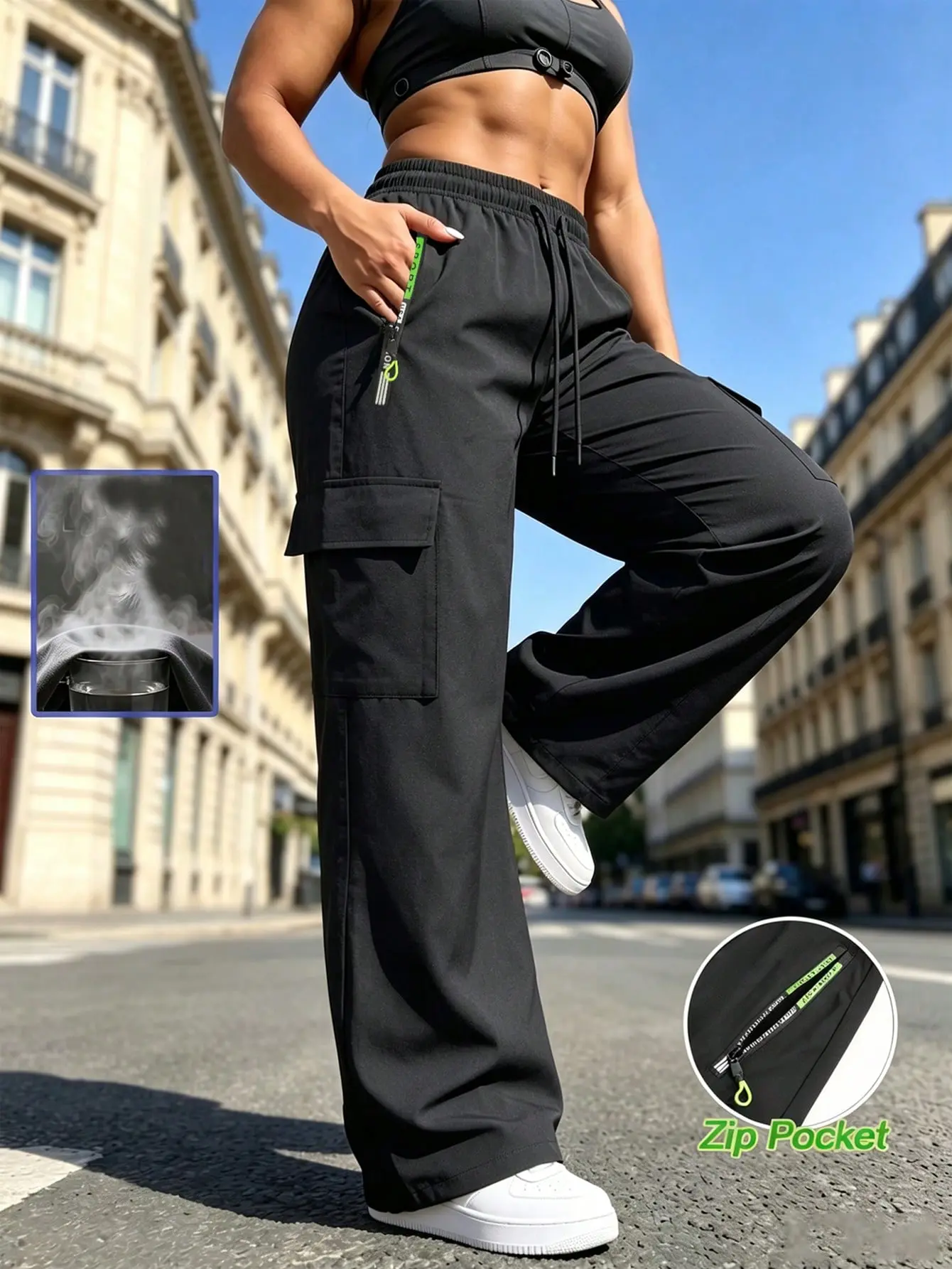 Women's Straight-Leg Elastane Blend Cargo Pants - Sportswear Look, Mid Waist, Elastic Drawstring, Zipper Closure, Secure Pockets, Flexible Fit - Basic Athletic Bottoms for Casual Outdoor, Daily Wear