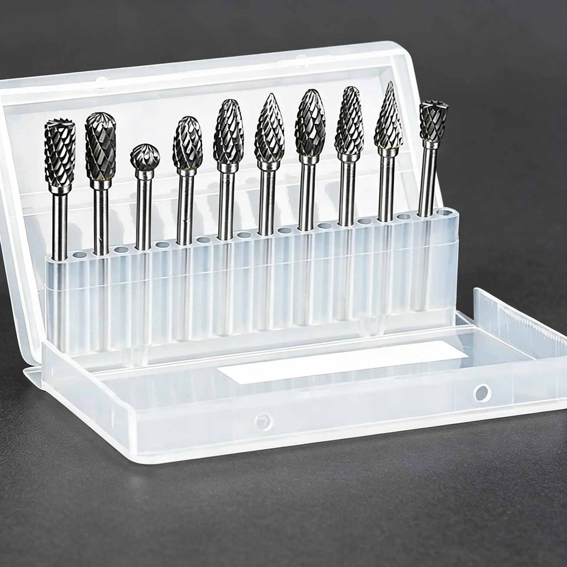10Pcs 3.6mm Shank Double Cut Carbide Barrel Bit Drill Attachment Set, Rotary File Deburring Tool Die Grinder Bits with Transparent Box for Metal Grinding, Engraving, Barrel Bit Burrs, Drill Attachment Burrs
