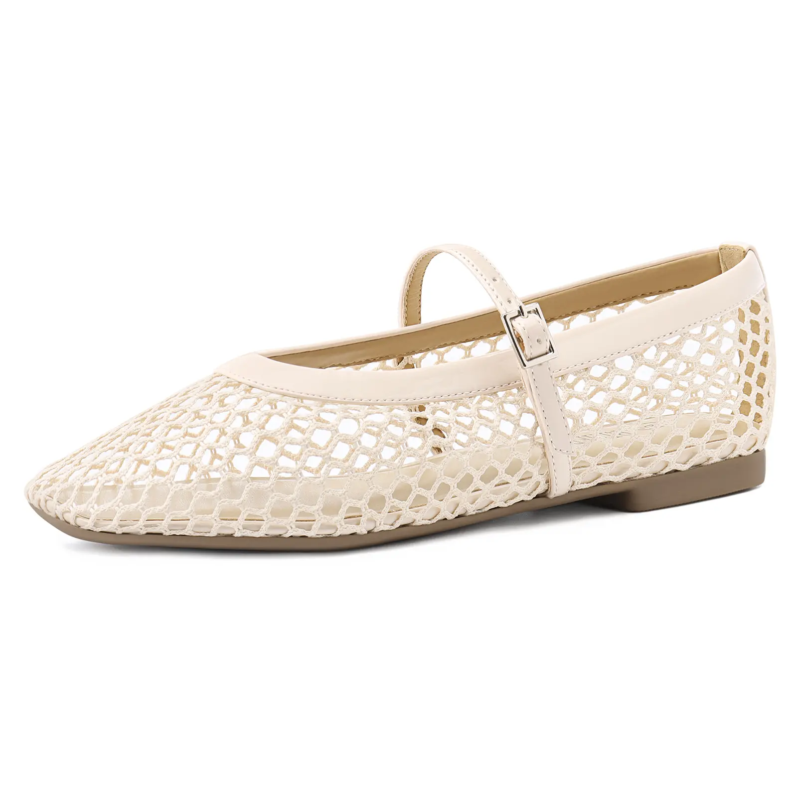 Mesh Ballet Flats for Women Comfortable Square Toe Ballerina Flats Buckle Strap Casual Fishnet Flat Shoes White Footwear Girl Flatform