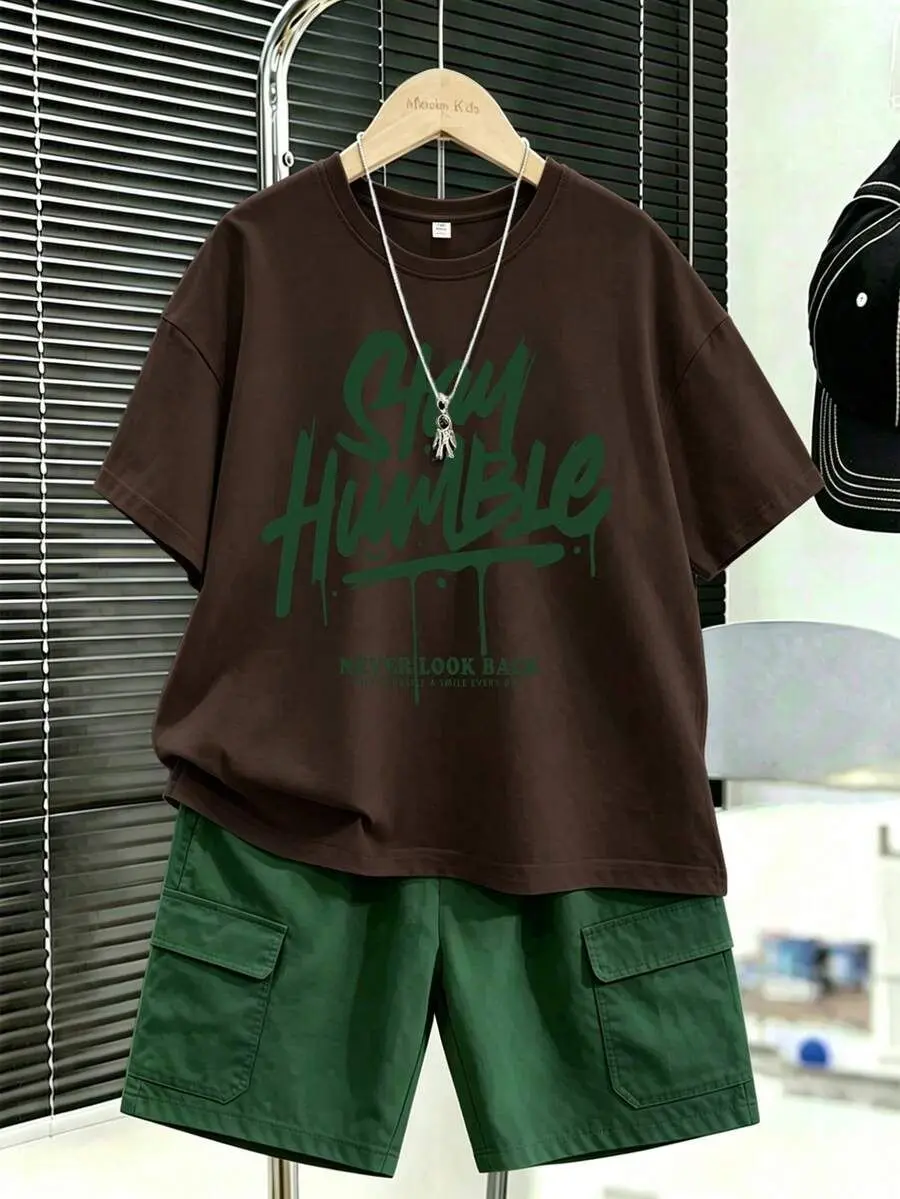 Boys 2-Piece Short Sleeve Graphic Tee & Cargo Shorts Set, Teen Boys Casual Outfit for Back to School and Daily Wear, Cargo Pants, Crew Neck