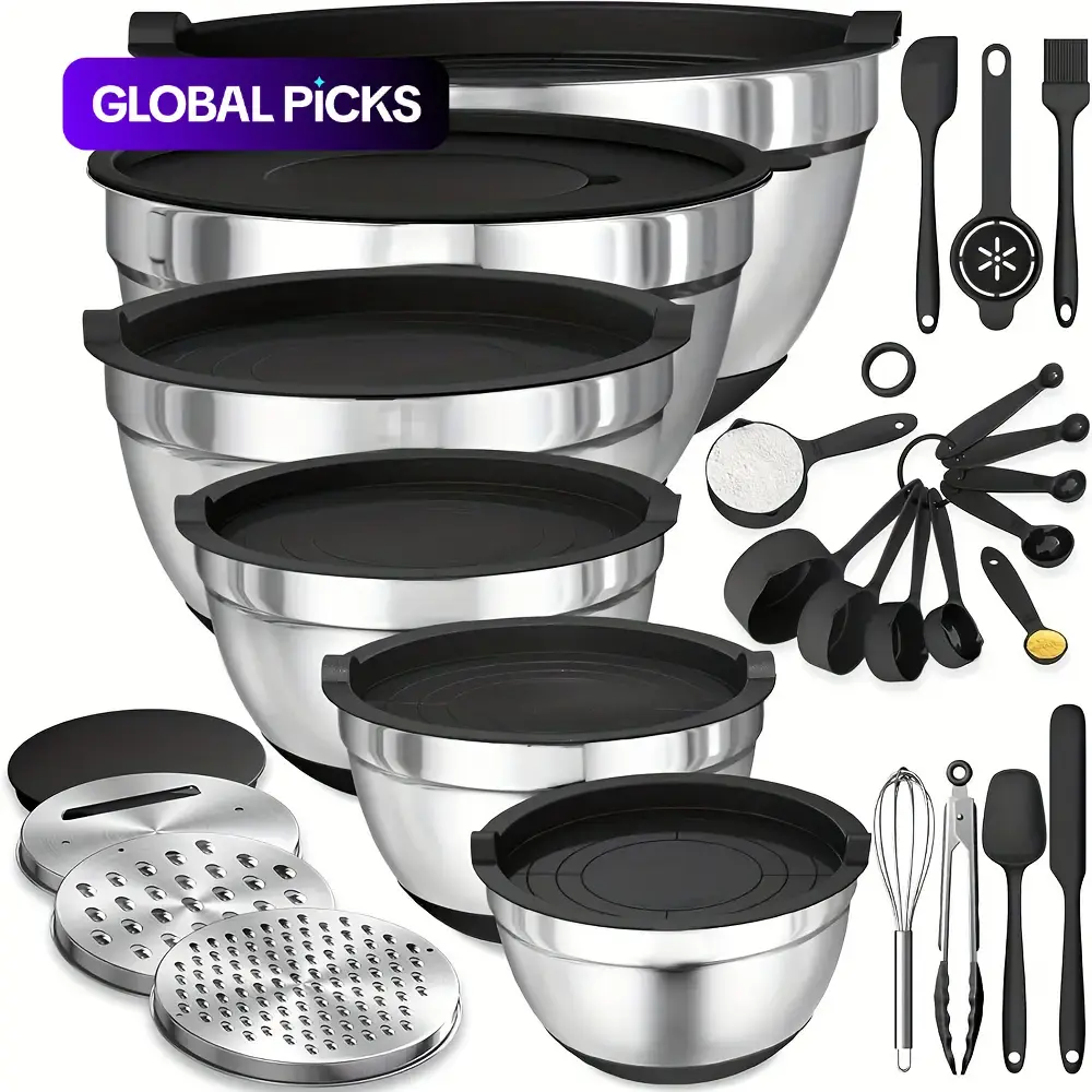 Stainless Steel Mixing Bowl Set, 18pcs/set Kitchen Utensils Set with Bowls, Airtight Lids, Grater & Serving Utensils, Modern Home Cooking Accessories, Kitchenware, Home Kitchen Gadget #GLOBAL PICKS
