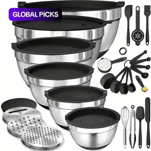 Stainless Steel Mixing Bowl Set, 18pcs/set Utensils Including Mixing Bowls, Salad Serving Bowls & Sealing Lids & Grater Attachment & Other Accessories, Modern Home Kitchen Gadget Set #GLOBAL PICKS
