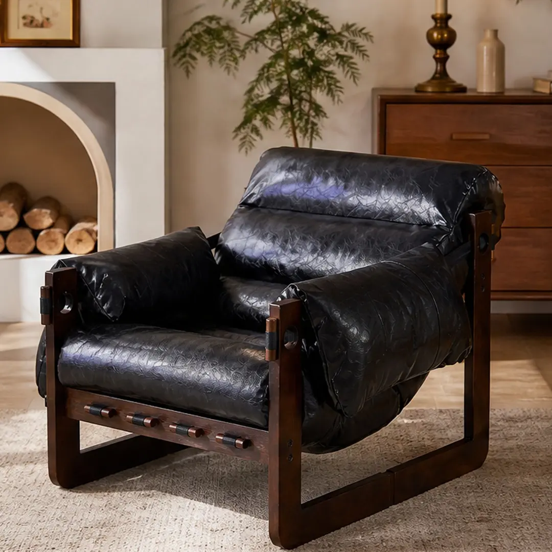 ARCH Vintage Oil Waxed Leather Lounge Chair with Removable Armrests, Retro Armchair for Living Room Study Office, Antique Black/Rubberwood Frame, 33.5x27.6x29.5 in, Multiple Color Options, Antique Black/Retro Orange Color Options, Retro Style