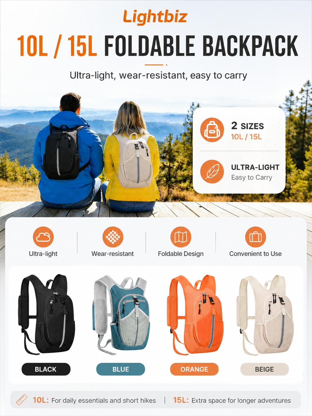 Lightbiz 10L/15L Foldable Hiking Backpack for Women Men, Lightweight Packable Travel Daypack with Shoulder Strap Phone Pocket, Adjustable Chest Strap, Reflective Strip & Bottle Pockets for Hiking, Cycling, Camping, Walking
