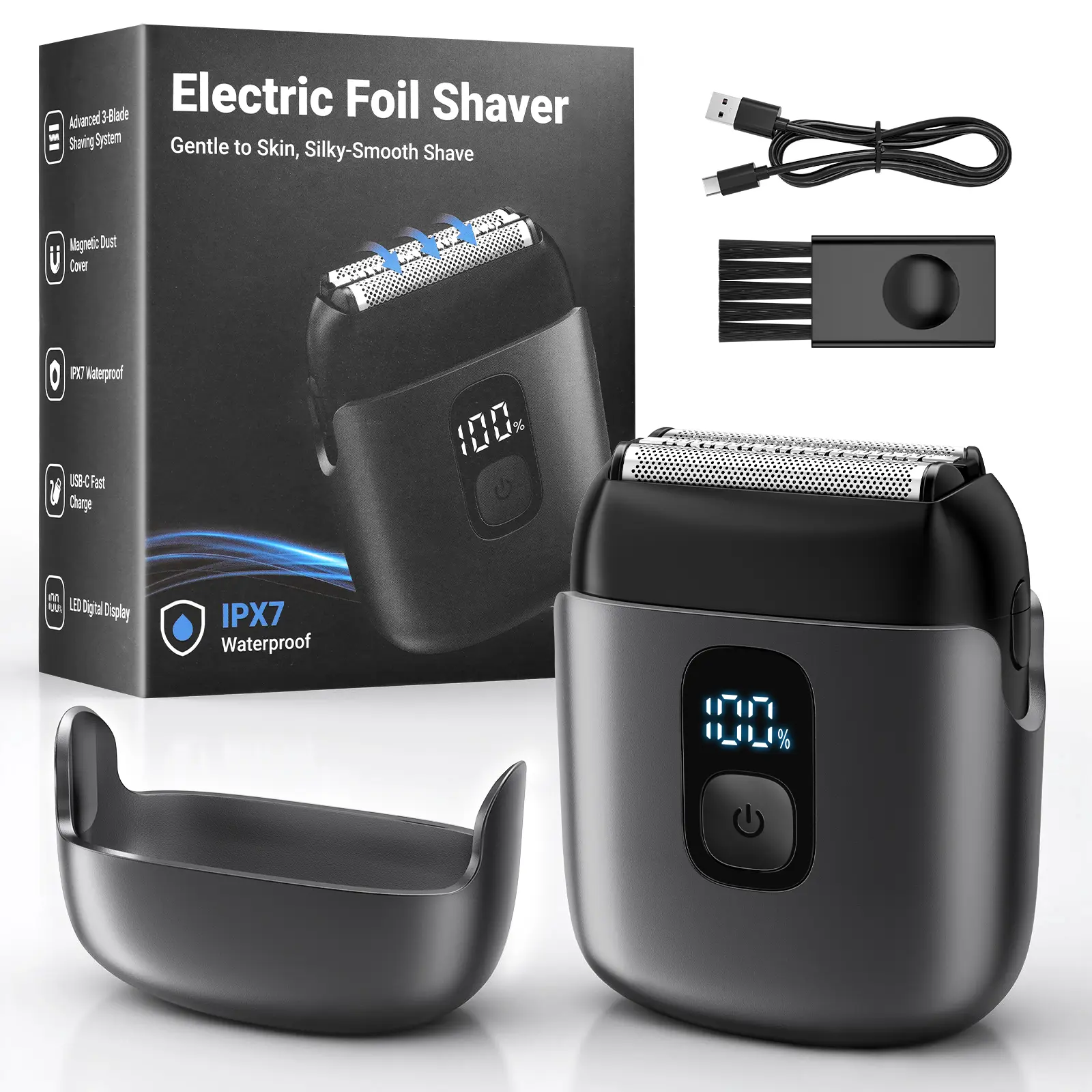 Men's Electric Foil Razor - Compact Wet & Dry Beard Trimmer, USB Rechargeable Portable Single Item with LED Display for Clean Shave & Daily Travel