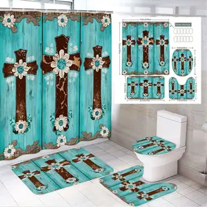 1/4pcs Turquoise Wooden-Patterned Bathroom Curtain Set with Brown Crosses & White Flowers - 3-Panel Shower Curtain, Toilet Seat Cover, Bidet Mat, 2 Rectangular Rugs - Western Rustic Design for Spring, Easter, Mother's Day, Wedding Bathroom Decor