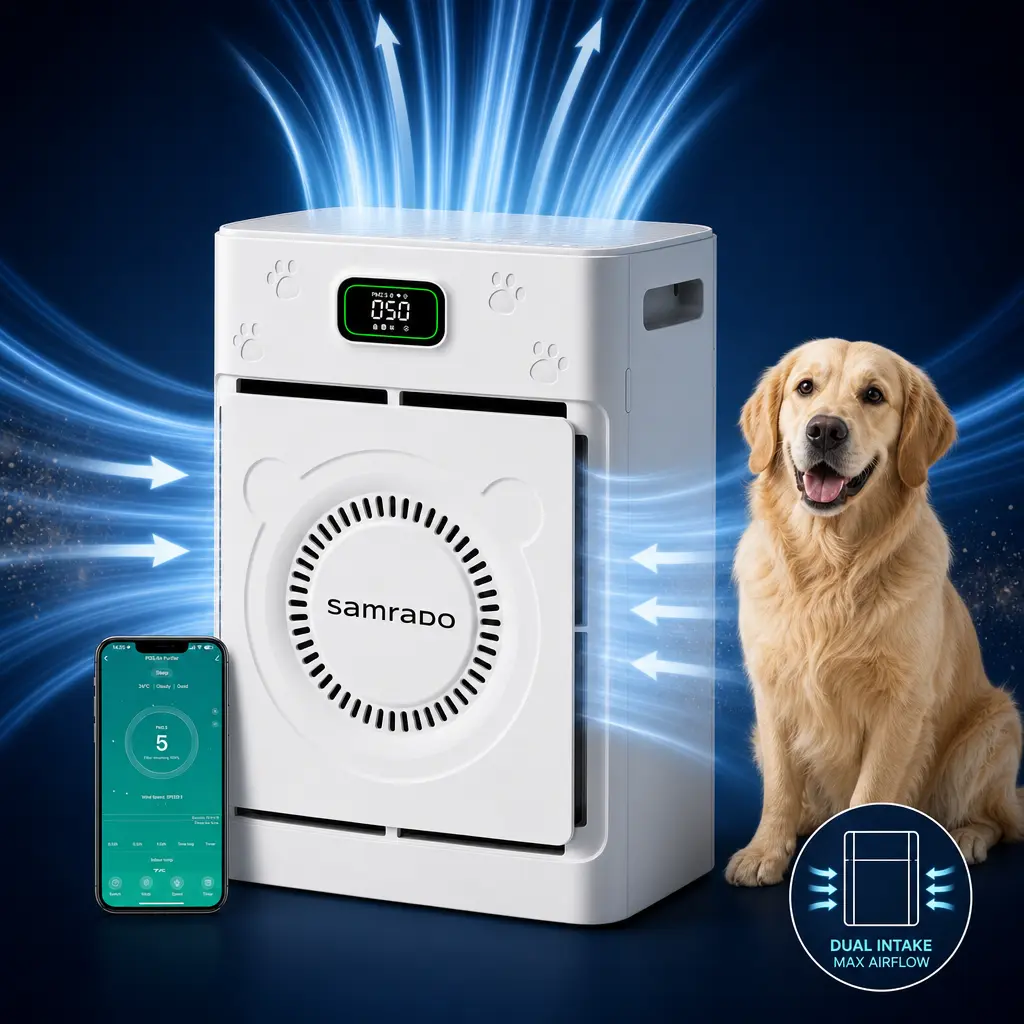 Pet Air Purifier for Hair, Dander & Odor , Washable H13 HEPA Filter, App Control, PM2.5 Display, White