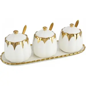 Porcelain Condiment Jar Spice Container with Lids Spoon and Tray Set of 3 Modern Spice Box Seasoning Jar for Home Kitchen Counter White gold