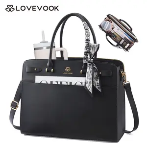 LOVEVOOK Laptop Tote Bag for Women, PU Leather Work Bag Waterproof Briefcase Handbag for Teacher Business with Silk Scarf