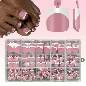 Berry Pink French Tips Toe Press On Nails, 150pcs Square Pre-Designed Soft Gel Thick False Toenail Extension, Full Cover Acrylic for DIY 15 Sizes
