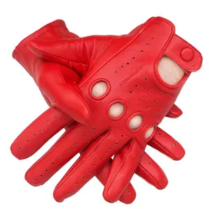 RED - Men’s Genuine Leather Full Finger Driving Gloves with Knuckle Holes & Snap Closure