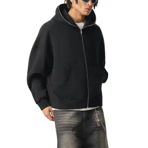 Kored Exclusive Fleeced Full-Zip Boxy Hoodie RQ0008 Men's Loose Fit Cotton Blend Black Version for Casual Streetwear