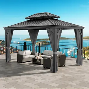 GAOMON 12ft x 16ft Permanent Hardtop Gazebo with Double Metal Roof - All-Weather Aluminum Pavilion for Patio, Deck, or Backyard (Includes Netting & Privacy Curtains)