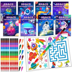 24Pcs Outer Space Coloring Books with 24 Stacking Crayons, Mini Alien Astronaut Activity Books, Bulk Party Favors Goodie Bag Stuffers for Birthday & Classroom Gifts