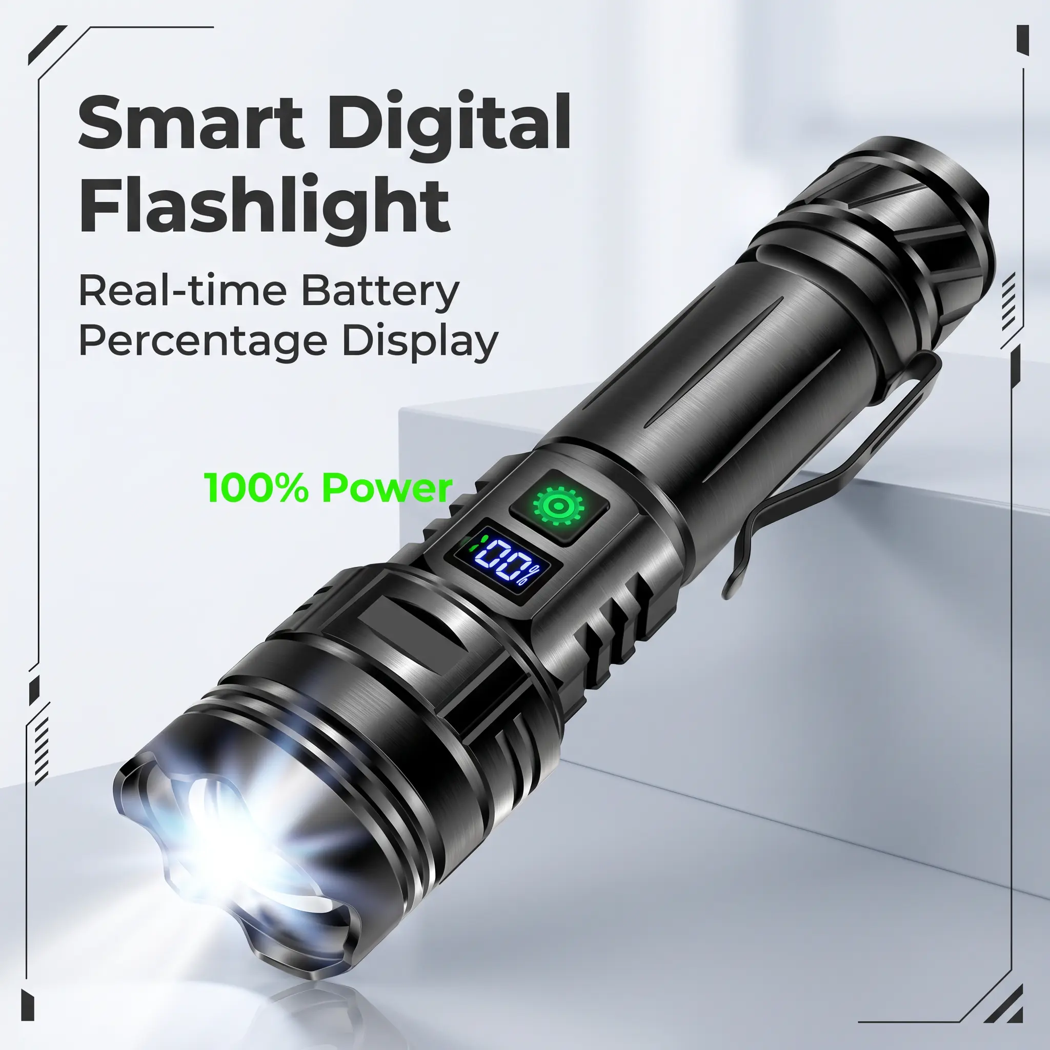 Rechargeable LED Tactical Flashlight with Digital Battery Percentage Display, High Lumens Super Bright EDC Flash Light, Waterproof Portable Pocket Flashlight for Camping, Hiking, Emergency, Outdoor