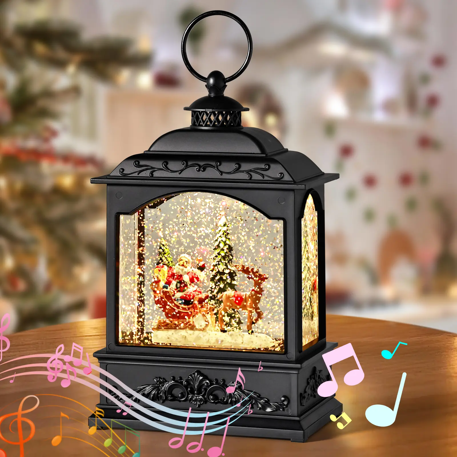 LYSHIYI Resin Musical Christmas Snow Globe Lantern Lamp with Figurine, Glitter, Slide, Santa, Reindeer, Christmas Tree, 80-Hour Timer, USB Port-Batteries Operated, Indoor Thanksgiving Kids Holiday Decor Gift, Music, Lighting