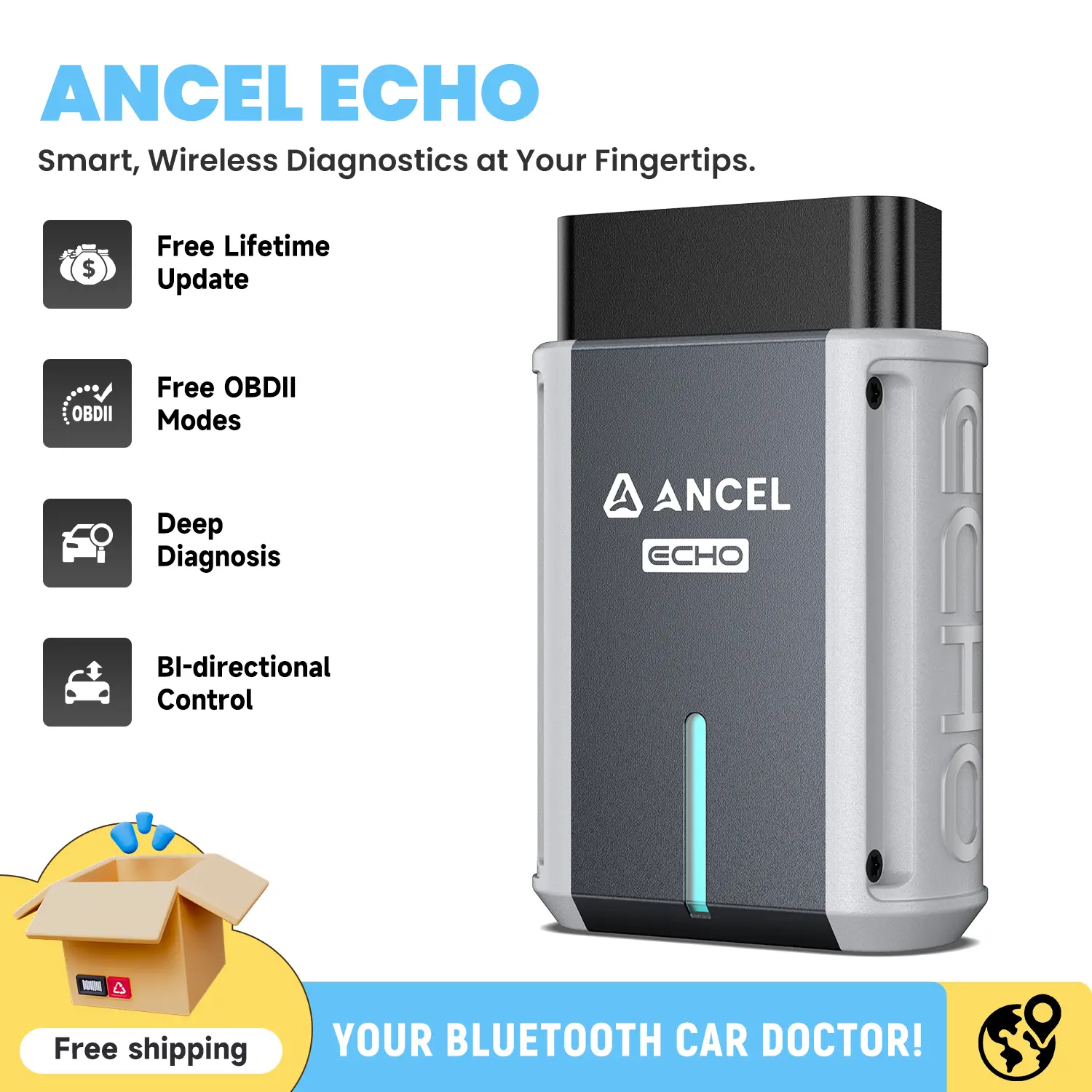 Ancel Echo Bluetooth 5.0 OBD2 Scanner - Automotive Diagnosis Scanner, Plug & Play, Full OBDII Functions, Bidirectional Control, Key Maintenance Resets, Wireless Battery Registration, Real-Time Data Display, iOS & Android Compatible, Automotive Diagnostic