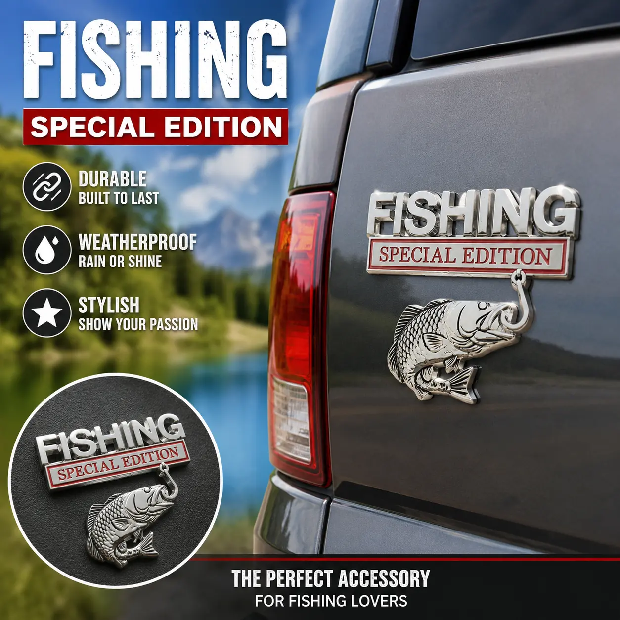 FISHING car sticker, personalized 3D metal fish body sticker, fishing metal sticker
