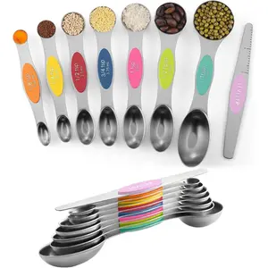 Pack of 8 Stainless Steel Magnetic Measuring Spoons Set, Dual Sided, Stackable, Adjustable Teaspoon and Tablespoon Measure Spoon with Leveler, Kitchen Gadgets